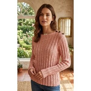 Oona Women's Ribbed Knit Button Shoulder Boat Neck Sweater Coral Pink Size S/M
